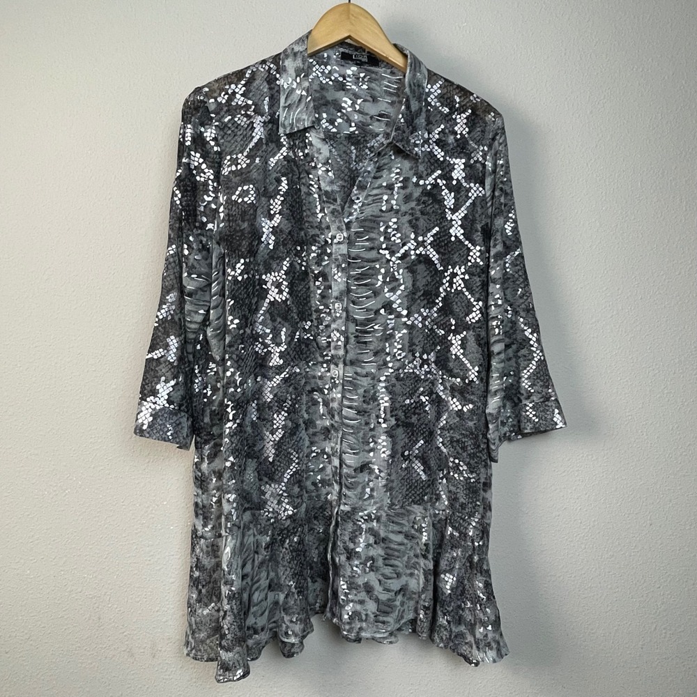 LIOR Paris Snakeskin Boho Resort Sheer Button Up Shirt Womens XL Silver Metallic